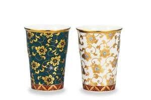 Pair Kutani yaki ware Japanese Beer Sake Water cup Tumbler Aochibu Hanatsume - Picture 1 of 2