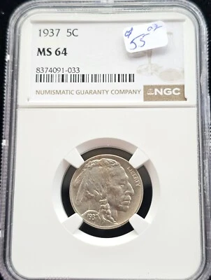 1937 5C INDIAN-HEAD BUFFALO NICKEL  NGC-MS 64 - Image 1 of 2