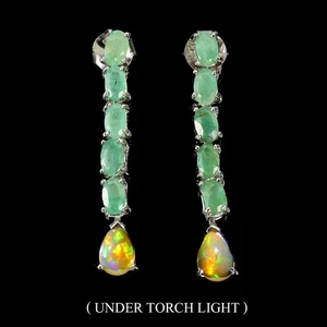 925 Sterling Silver Earrings Pear Fire Opal 7x5mm Emerald Gemstone Jewelry - Picture 1 of 13