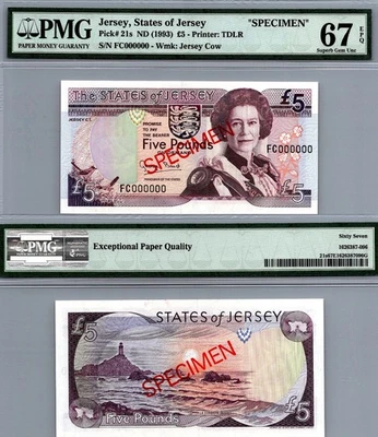 Jersey 5 libras 1993 ESPECIMEN PMG 67 EPQ EXCELENTE GEMA SIN CIRCULAR Pick # 21s Foto 1 de 2