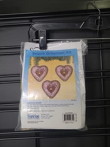 Vintage Heart Push Pin Sequin Beaded Christmas Ornament Kit 3 Pink Hearts - Picture 1 of 9