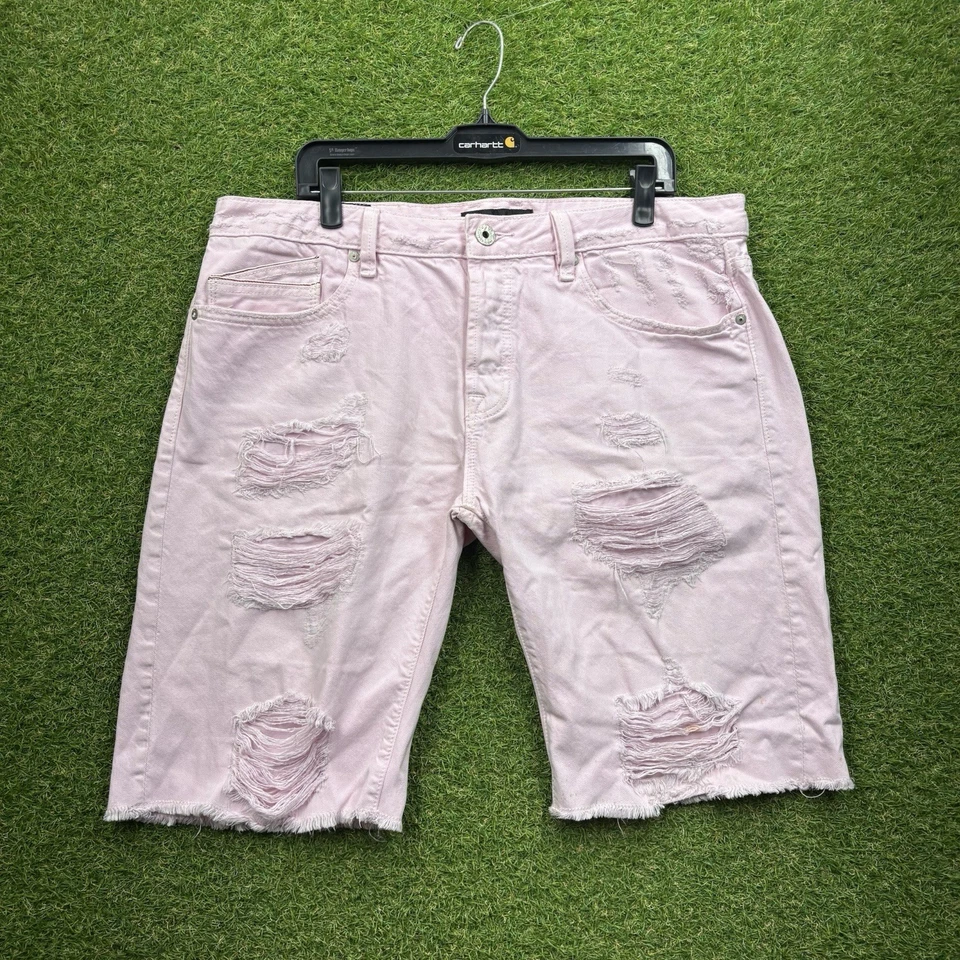 Cult Of Individuality 短款男式 38 粉色反叛短裤弹力牛仔布仿旧 — 第 1/4 张图片