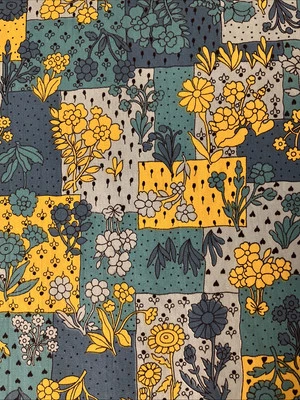 Vintage Cotton Blend Or Cotton Fabric Blues Teal Yellow Floral.  - Image 1 of 2