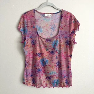 Natural Life Womens Pink Mesh Floral Sheer Top Size Large Y2K Boho Hippie Retro - Picture 1 of 8