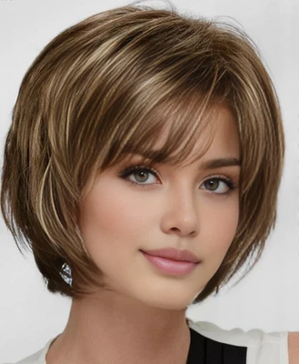 Honey Drizzle Layered Short Bob Cut Human Hair Blend Heat Ok Wigs Women Natural - Image 1 of 4