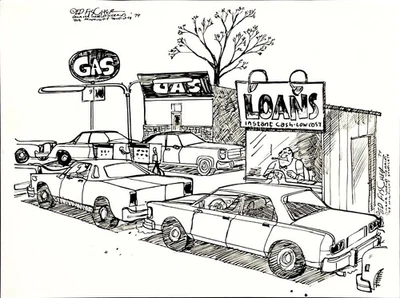 Original 1979 Ed Fischer Cartoon: Oil Crisis Gas Line & Instant Loans - Image 1 of 4