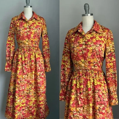 Vintage 70s Neiman Marcus Colors of Fall Midi Shirtwaist Dress w/ pockets S/M - Image 1 of 4