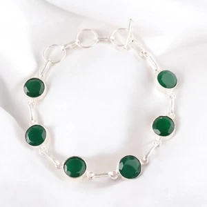Onyx Gemstone Chain Green Bracelet Handmade 925 Sterling Silver Indian Jewelry - Picture 1 of 7