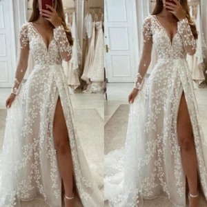 Sexy Wedding Dresses With High Split Long Sleeve V Neck Sweep Train Bridal Gown - Picture 1 of 9