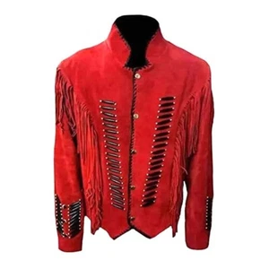 Chaqueta de cuero de gamuza nativa occidental para mujer con flecos y cuentas - roja - Imagen 1 de 5