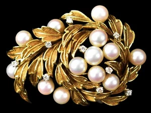 Vintage 1940s Tiffany & Co. 18K Gold Diamond & Pearl Spray Brooch w/ Box - Picture 1 of 10
