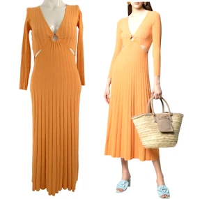 Sandro Midi Dress Cut Out Orange Rib Knit Long Sleeve Bruna V Neck BNWT Size XS - Picture 1 of 11