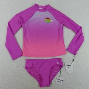 Hurley Swimsuit Girls 10 Pink Long Sleeve Rash Guard 2 Piece Bathing Suit UPF 50 - Picture 1 of 13