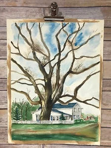 Vintage Mid Century Double Sided Original Modernist House Tree Watercolor - Picture 1 of 6