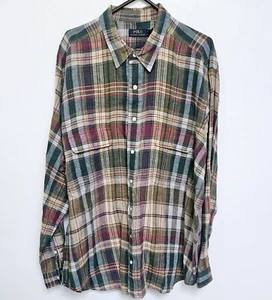 Ralph Lauren Shirt Men 2XB/26 Plaid LS 100% Lenin Button Down 2 Front Pockets - Picture 1 of 7