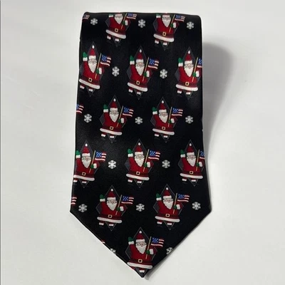 Hallmark 圣诞老人美国国旗圣诞节黑色领带节日领带丝绸假期 — 第 1/4 张图片