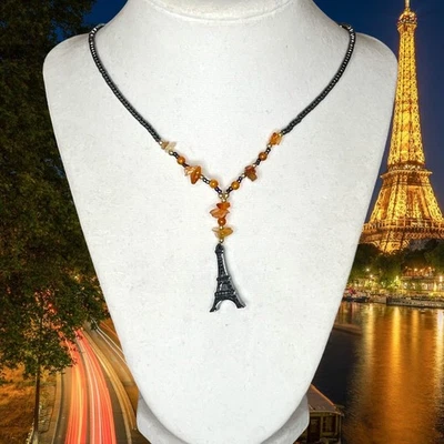 Collar colgante de hematita Torre Eiffel con cuentas ámbar cuarzo astillas 16 pulgadas Foto 1 de 4