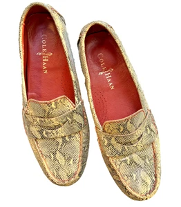Cole Haan Womens Sz 7 B Beige Leather Snakeskin Print Loafers Driving Moccasins - Picture 1 of 12