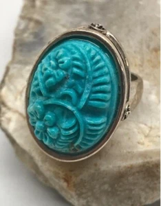 Impresionante Anillo BARSA Plata de Ley 925 y Rosas Talladas en Turquesa Talla 7.5 - Imagen 1 de 13