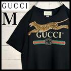 Autentyczny Gucci T-shirt Haftowane logo Leopard Czarny M Bawełna