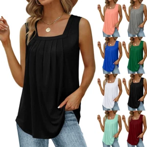 Plus Size Women Casual Cami Vest Tops Pleated Summer Sleeveless Loose Tee Shirts - Picture 1 of 29