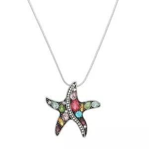 Starfish Necklace Multicolor Crystal Stone Rhinestone Sea Life Jewelry SILVER - Picture 1 of 2