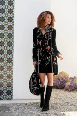 Bolso de Mano Johnny Was Uriah Terciopelo Negro Bordado Flor Bolso Grande NUEVO Foto 1 de 4