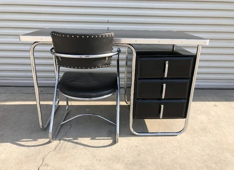 💥Kem Weber Lloyd Art Deco Machine Age Chrome Metal DESK & CHAIR Cover