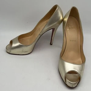 Christian Louboutin Gold Metallic Leather Peep Toe Platform Pump sz 38.5 - Picture 1 of 6