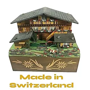 Swiss Folk Art Vintage Rare Mechanical Music Jewelry Box, Farmhouse/Yard 1960s - Picture 1 of 7