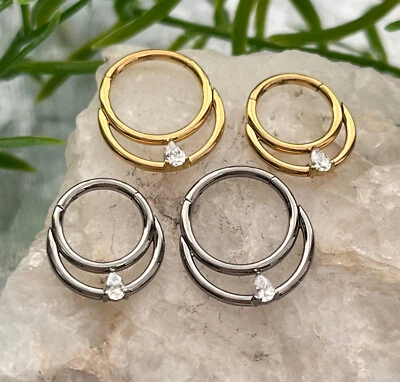 1pc Titanium Hinged Segment Ring Double Lined Tear Gem Septum Hoop Helix Daith - Image 1 of 3