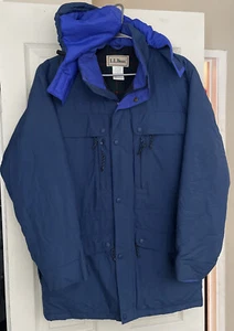 Vintage LL Bean Blanket Wool Lined Blue Parka Jacket w/ Detachable Hood Men’s S - Picture 1 of 13