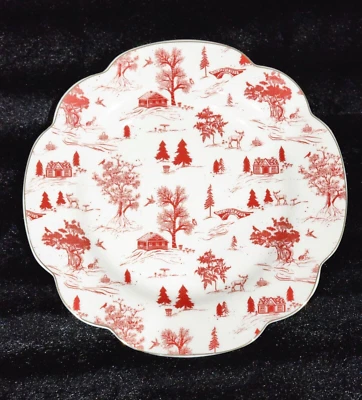 Grace Teaware Winter Village 4 piezas rojo 9,25" plato de ensalada inodoro festoneado borde dorado Foto 1 de 4