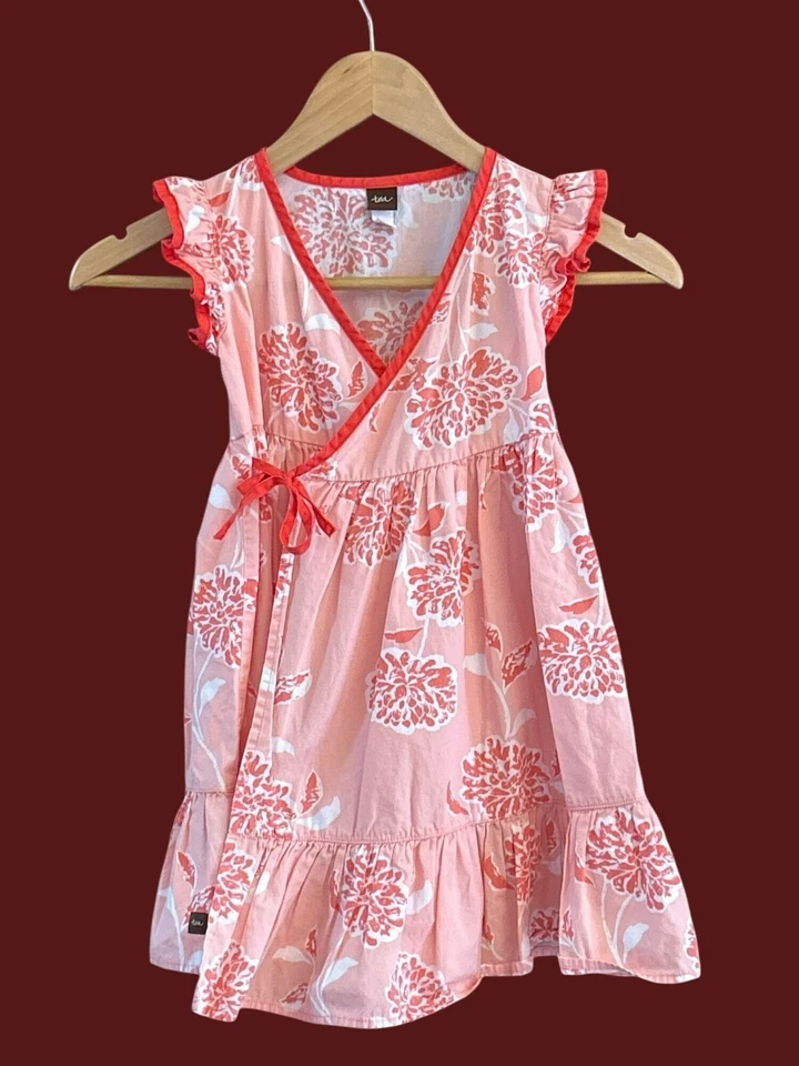 Tea Collection Girls Pink Coral Floral Wrap Tiered Dress Size 5 Flutter Sleeve - Image 1 of 4