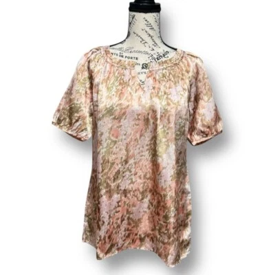 New Talbots Pink Satin Floral Ruffle Neck Blouse Romantic Cottagecore Petite S - Image 1 of 4