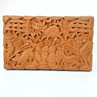 Hand Carved Wood Box Jewelry Keepsake Trinket Animals Gem Eyes Forest Jungle - Image 1 of 4