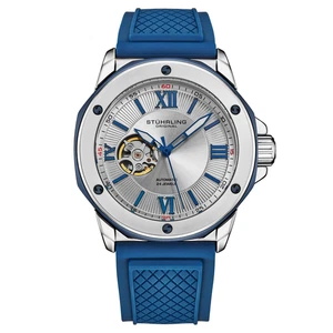 Stuhrling 4056 2 Edoardiano Automatico Classico Blu Gomma Cinturino Da Orologio - Foto 1 di 7