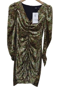 Zara Velour Dress New With Tags Short Long Sleeve Ruched Side Floral Size XS  - Picture 1 of 8