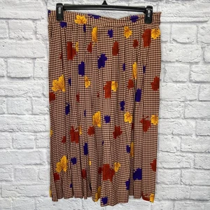 Vintage Houndstooth A-Line Midi Skirt Size 16 Brown Leaves Pleated Made in USA - Picture 1 of 6