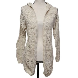 SO Beige Gold Cardigan Sweater Juniors Sz S Metallic Weave Hood Beachy Coastal - Picture 1 of 7