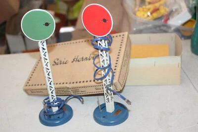 hornby paire de panneaux de signalisation ferroviaire rouge verts ancien - Photo 1/4