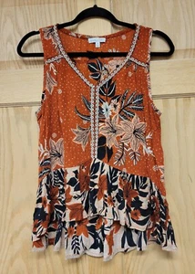 Patrons of Peace Sleeveless Hi Low Tank Blouse Woman Sz S Boho Floral Earthtones - Picture 1 of 6