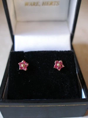 PAIR OF 9 CARAT GOLD RUBY FANCY CLUSTER EARRINGS MADE IN UK BRAND NEW IN BOX - Image 1 of 3