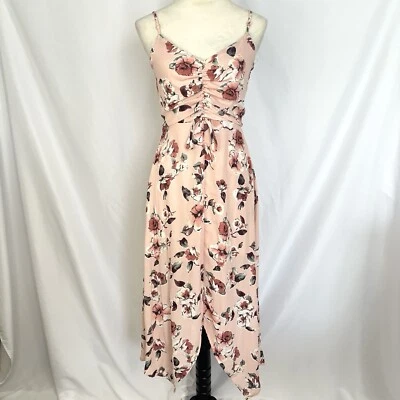 Vestido Tres Corazones Rosa Para Mujer XS Estampado Floral Maxi Rosa Dobladillo Alto Bajo Acanalado Foto 1 de 4