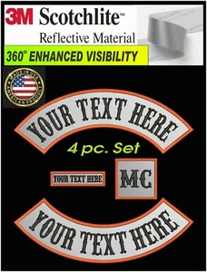 13" REFLECTIVE 4 PC SET CUSTOM EMBROIDERED ROCKER PATCH 3M® MOTORCYCLE BIKER USA - Picture 1 of 10