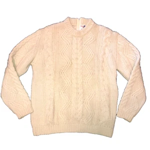 VINTAGE OFF WHITE CABLE KNIT SWEATER SZ L100% VIRGIN WOOL BACK ZIP HIGH NECK - Picture 1 of 4