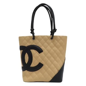 CHANEL Medium Cambon Tote Shoulder Bag Beige Black Quilted Leather - Picture 1 of 15
