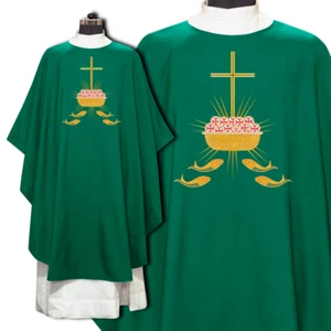 Handmade Green Gothic Chasuble Vestment – Bread & Fish Embroidery with Stole - Picture 1 of 4