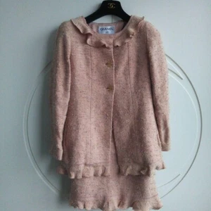 CHANEL Tweed Suit Set Jacket Skirt Frill Pink Ceremony Formal Coco Logo Size 34 - Picture 1 of 20