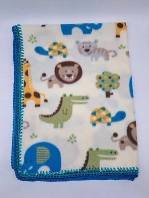 Safari Animals Baby Blanket Blue Teal Crochet Edge Zoo Lion Elephant Turtle - Изображение 1 из 4